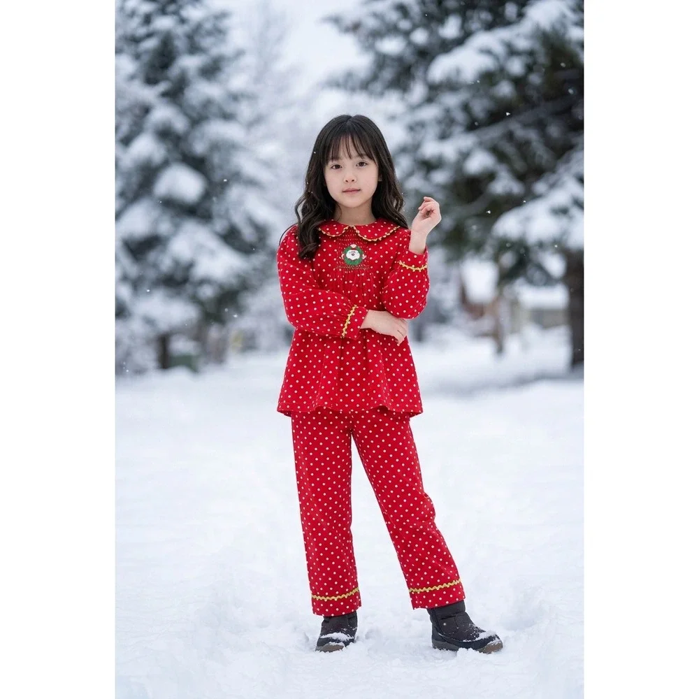 Mom & Me Girls Red Polka Dot Smocked Santa Christmas Pajamas Set Size 5